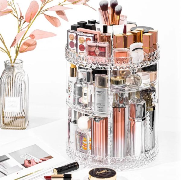 360° Rotating Crystal Makeup Organizer | Adjustable Cosmetic Display Stand Box, Makeup Storage For Vanity Bedroom & Bathroom