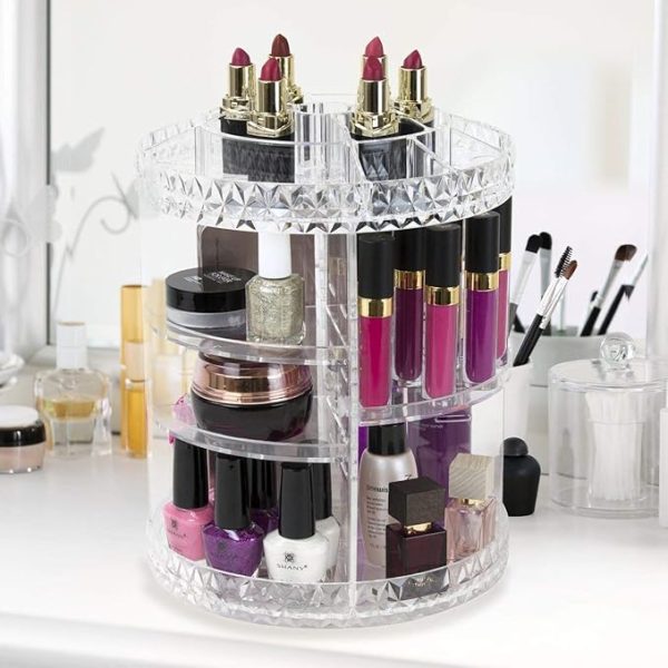 360° Rotating Crystal Makeup Organizer | Adjustable Cosmetic Display Stand Box, Makeup Storage For Vanity Bedroom & Bathroom