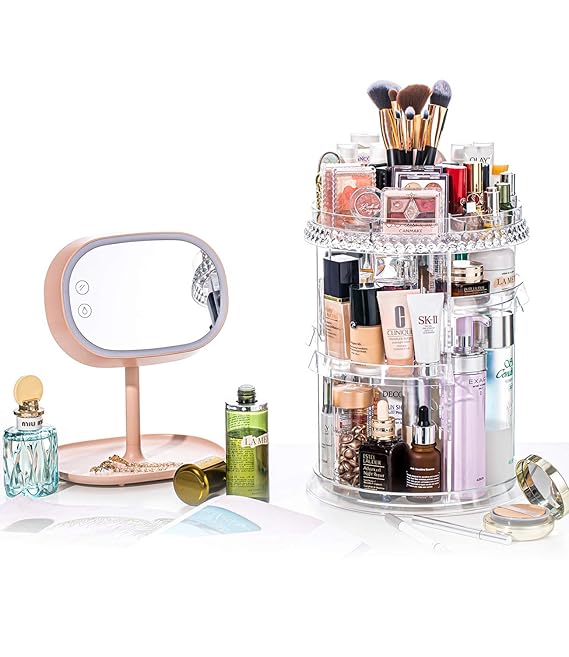 360° Rotating Crystal Makeup Organizer | Adjustable Cosmetic Display Stand Box, Makeup Storage For Vanity Bedroom & Bathroom