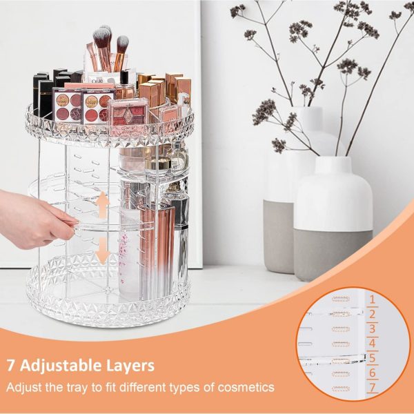 360° Rotating Crystal Makeup Organizer | Adjustable Cosmetic Display Stand Box, Makeup Storage For Vanity Bedroom & Bathroom